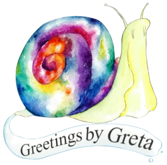 Greetings by Greta's Logo - William the Snail. He is a hand-painted watercolor piece, a snail with a pale lime-green body and a vibrant multicoloured tie-dye style shell. Underneath him is a long swoosh of snail slime with "Greetings by Greta" typed out.