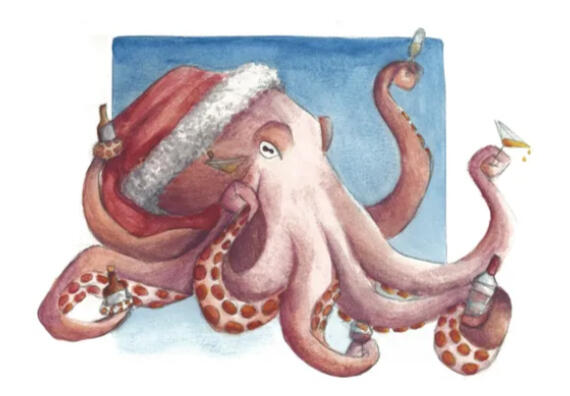 The "Vodkapus", a hand-painted watercolor image of an octopus in a Santa hat serving a variety of (alcoholic) beverages. He has a pale mauve pink body, with deep orange suckers on his tentacles, and is against a blue background.