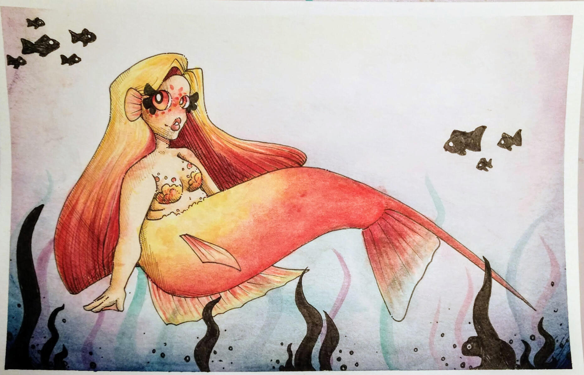 Hand-painted watercolor image of a sea turtle. He is meant to be a Florida Green Turtle, and he is underwater, swimming in a bed of seaweed.